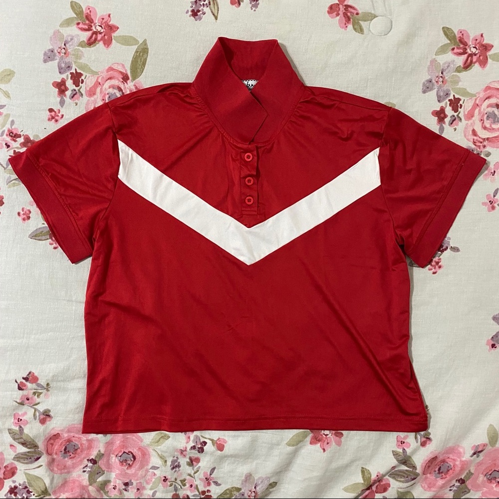 Red Collared Buttoned White Arrow Design Crop Top